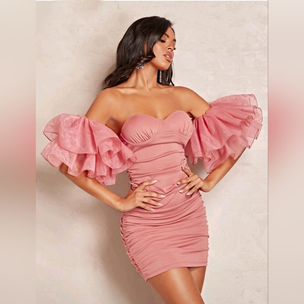 Pink Off-Shoulder Puff Sleeve Mini Dress